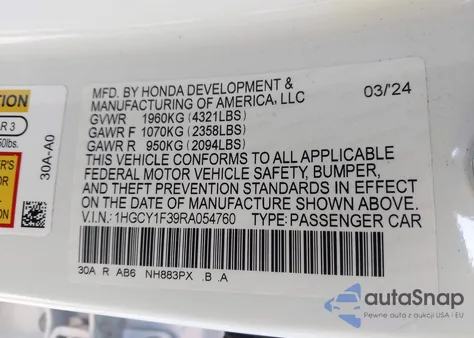 2024 Honda Accord Ex z USA, uszkodzony, nr VIN 1HGCY1F39RA054760